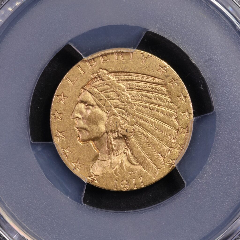 Obverse. 1911-S $5 Indian Half Eagle