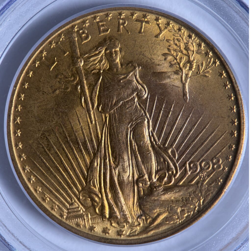 Obverse. 1908 $20 Saint Gaudens Double Eagle Type 2, Low Relief, No Motto